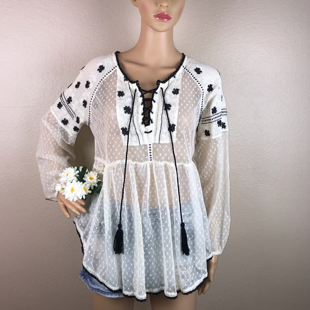 Free People Embroidered Gauzy Peasant Top Stardust - Picture 3 of 8